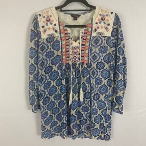 Lucky Brand L Blue Boho Embroidered Peasant Top, Linen Blend, Tassel Tie